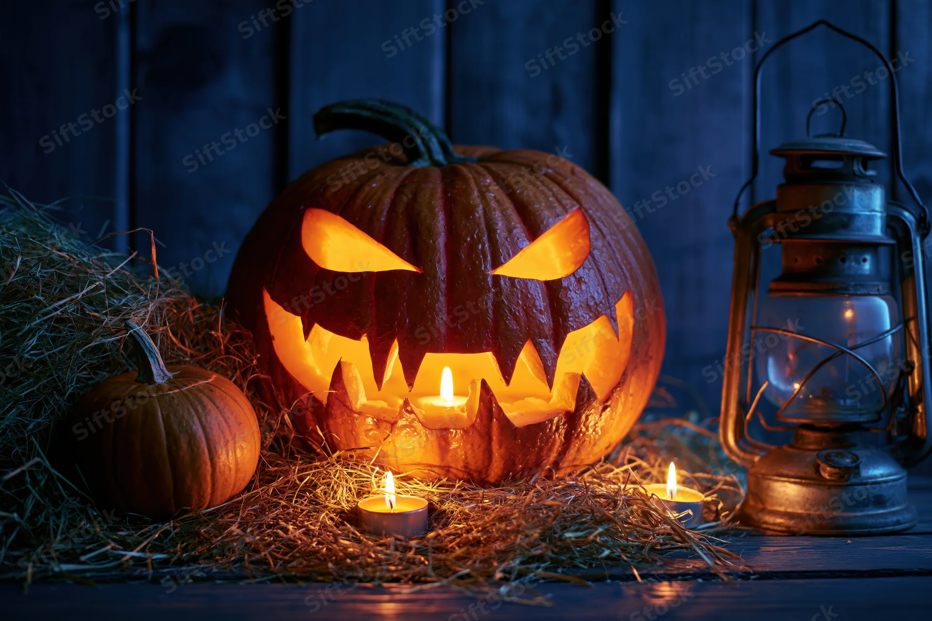 Carved jack-o-lantern glowing with candlelight on hay beside a vintage lantern at night