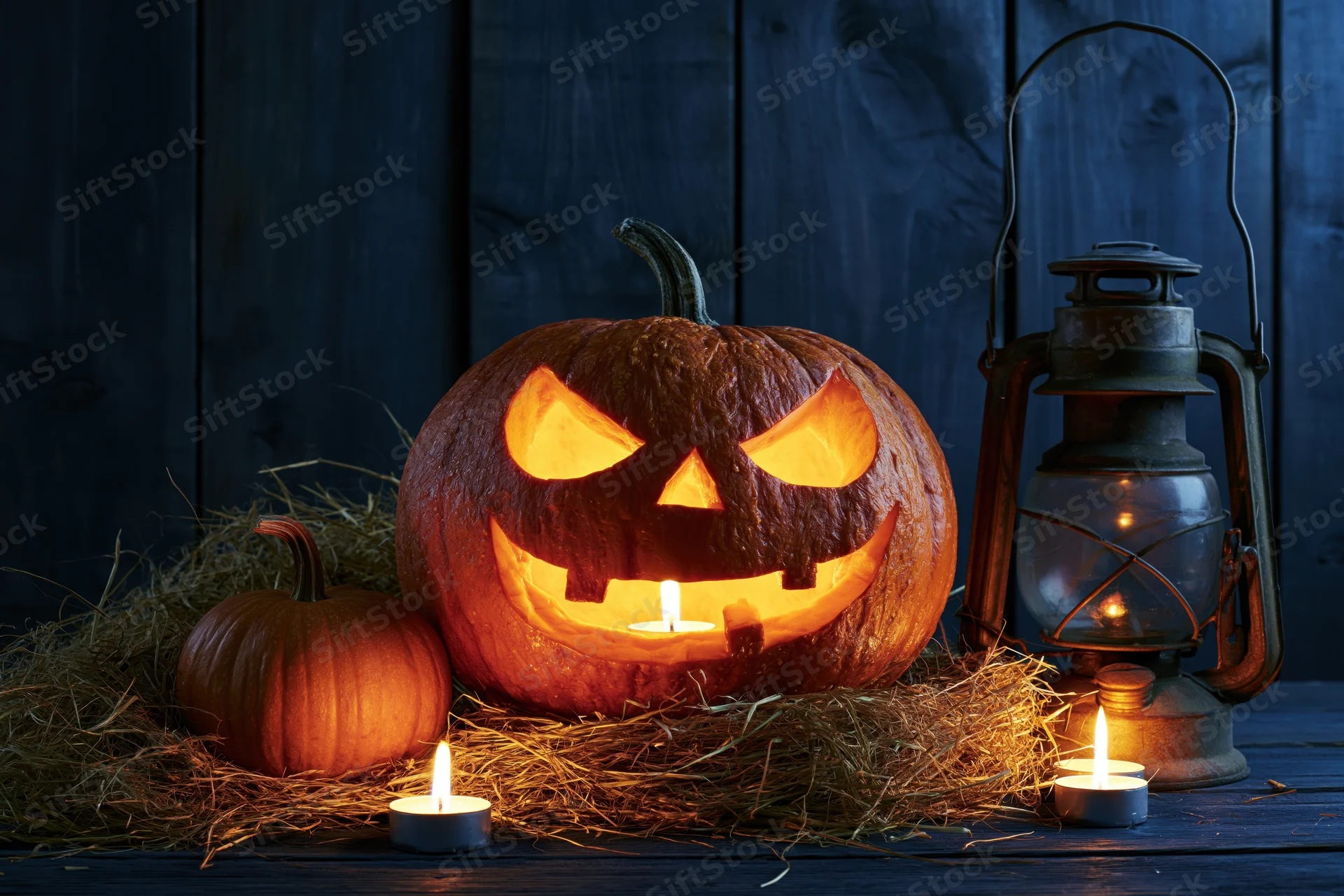 Carved jack-o-lantern glowing with candlelight on hay beside a vintage lantern on dark wooden surface