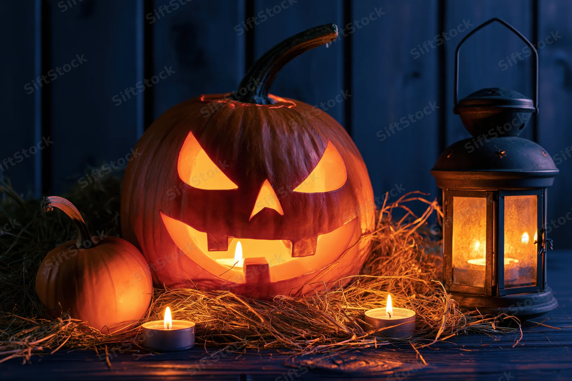Carved jack-o-lantern glowing with candlelight on hay beside a lantern on a wooden table