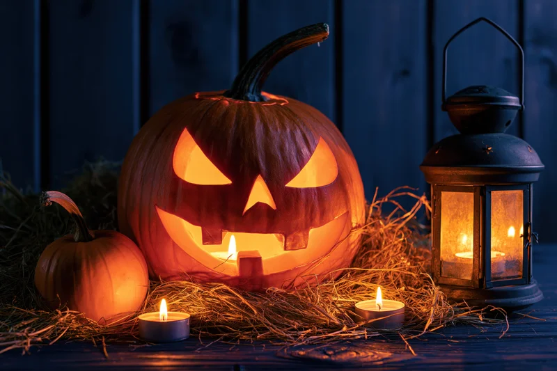 Carved jack-o-lantern glowing with candlelight on hay beside a lantern on a wooden table
