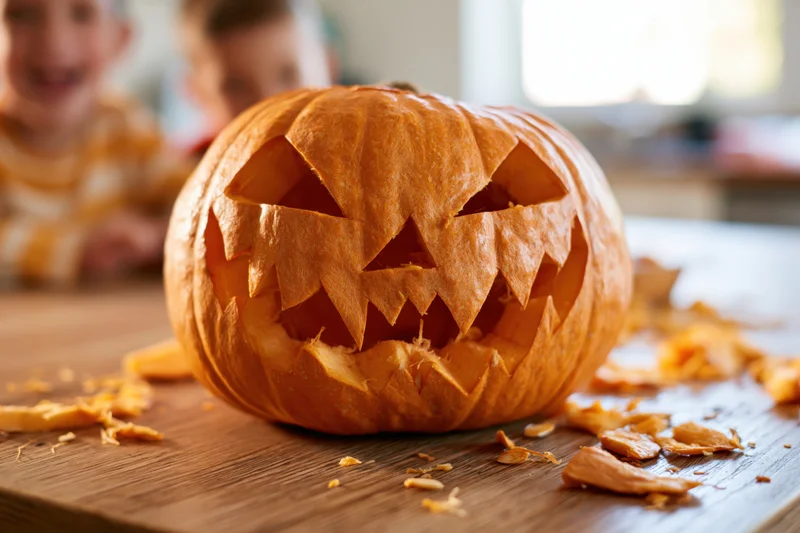 Carved jack-o-lantern with jagged grin on wooden table, children smiling in background