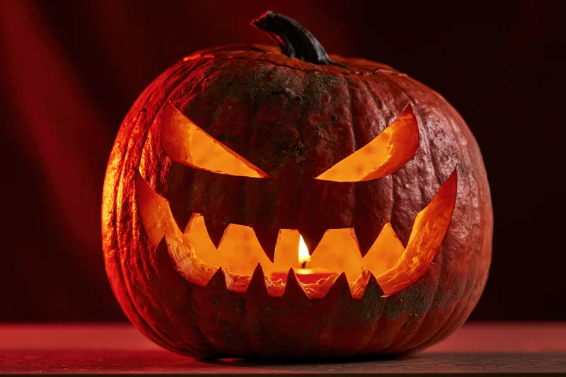 Carved pumpkin with glowing menacing grin lit by candle on dark surface
