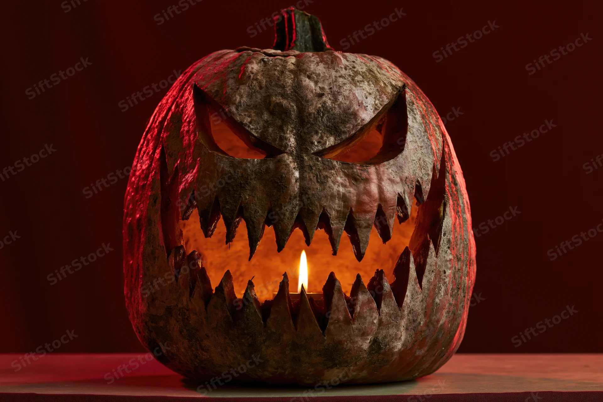 Carved jack-o-lantern with menacing toothy grin and triangular eyes lit by candle on dark red background