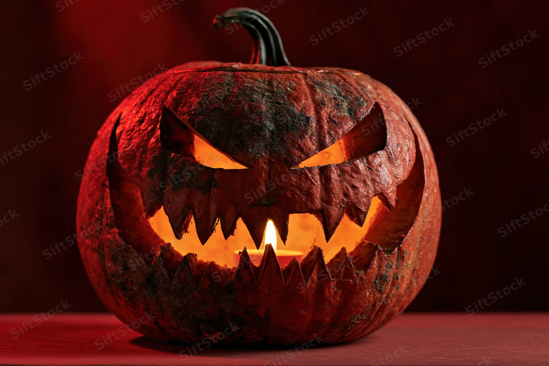 Carved pumpkin with menacing grin lit by candle on dark surface