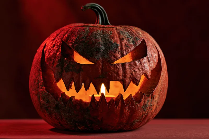 Carved pumpkin with menacing grin lit by candle on dark surface