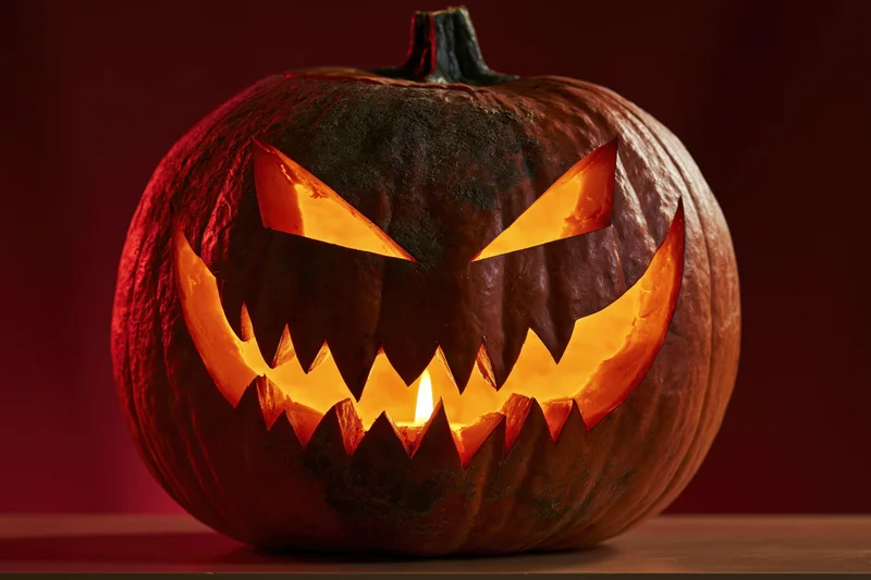 Carved pumpkin with glowing menacing grin on wooden table