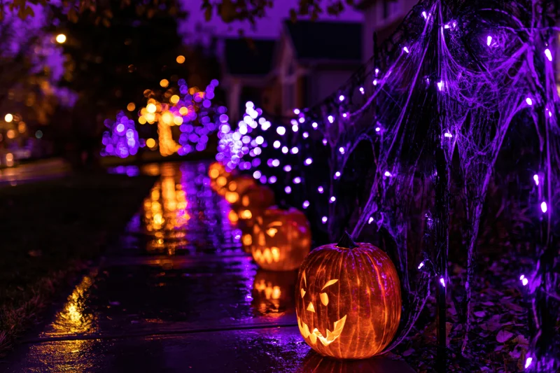 Carved jack-o-lanterns glowing along a wet suburban sidewalk at night with purple string lights and cobwebs