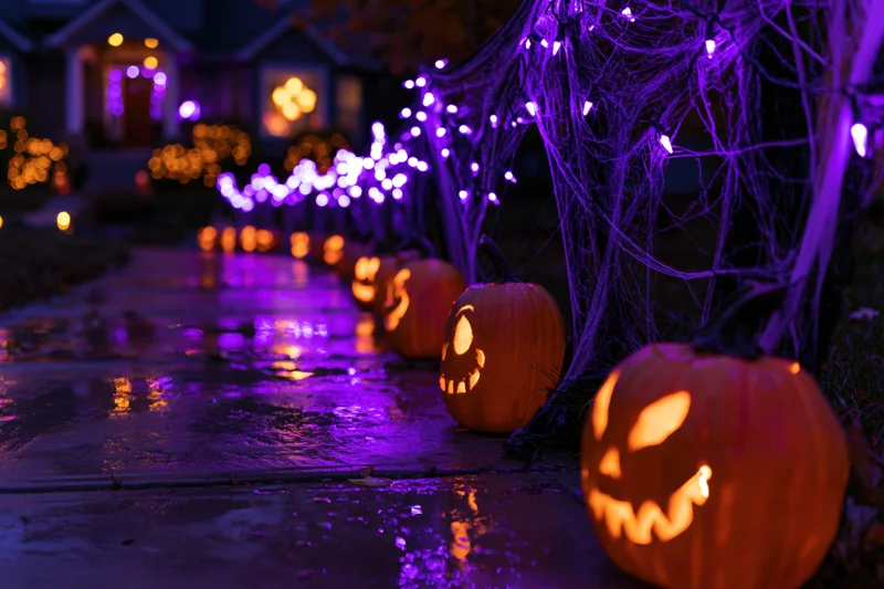 Carved jack-o-lanterns glowing orange along a wet suburban sidewalk at night with purple string lights and spiderwebs
