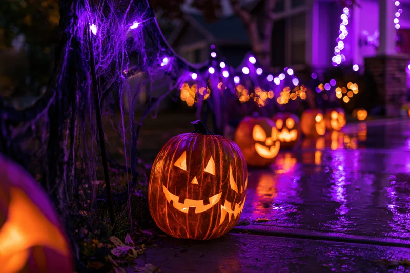 Carved jack-o-lanterns glowing orange along a wet suburban sidewalk at night with purple string lights and cobwebs