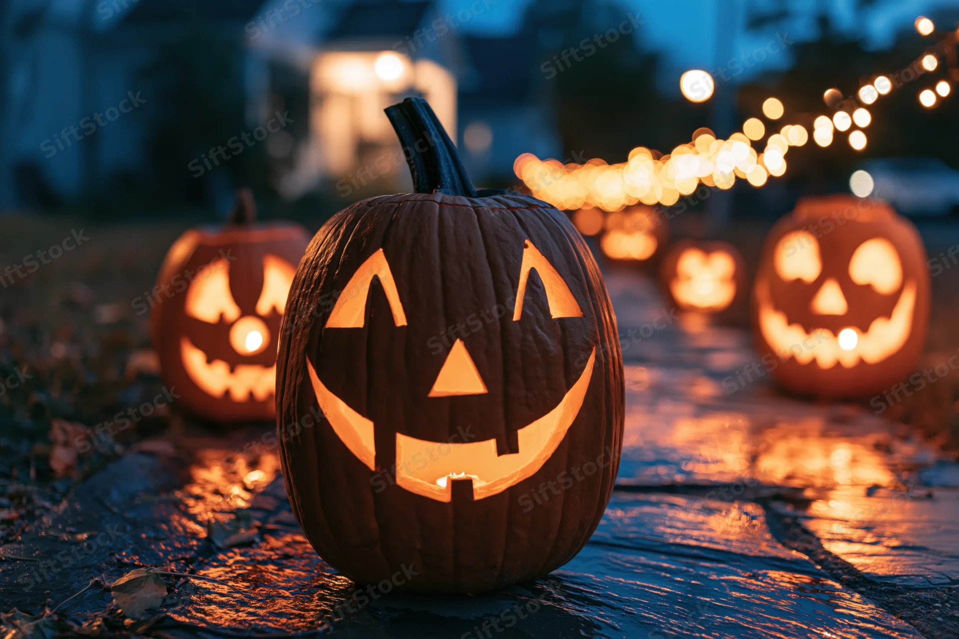 Carved jack-o-lanterns glowing on a wet stone path at evening with string lights in background