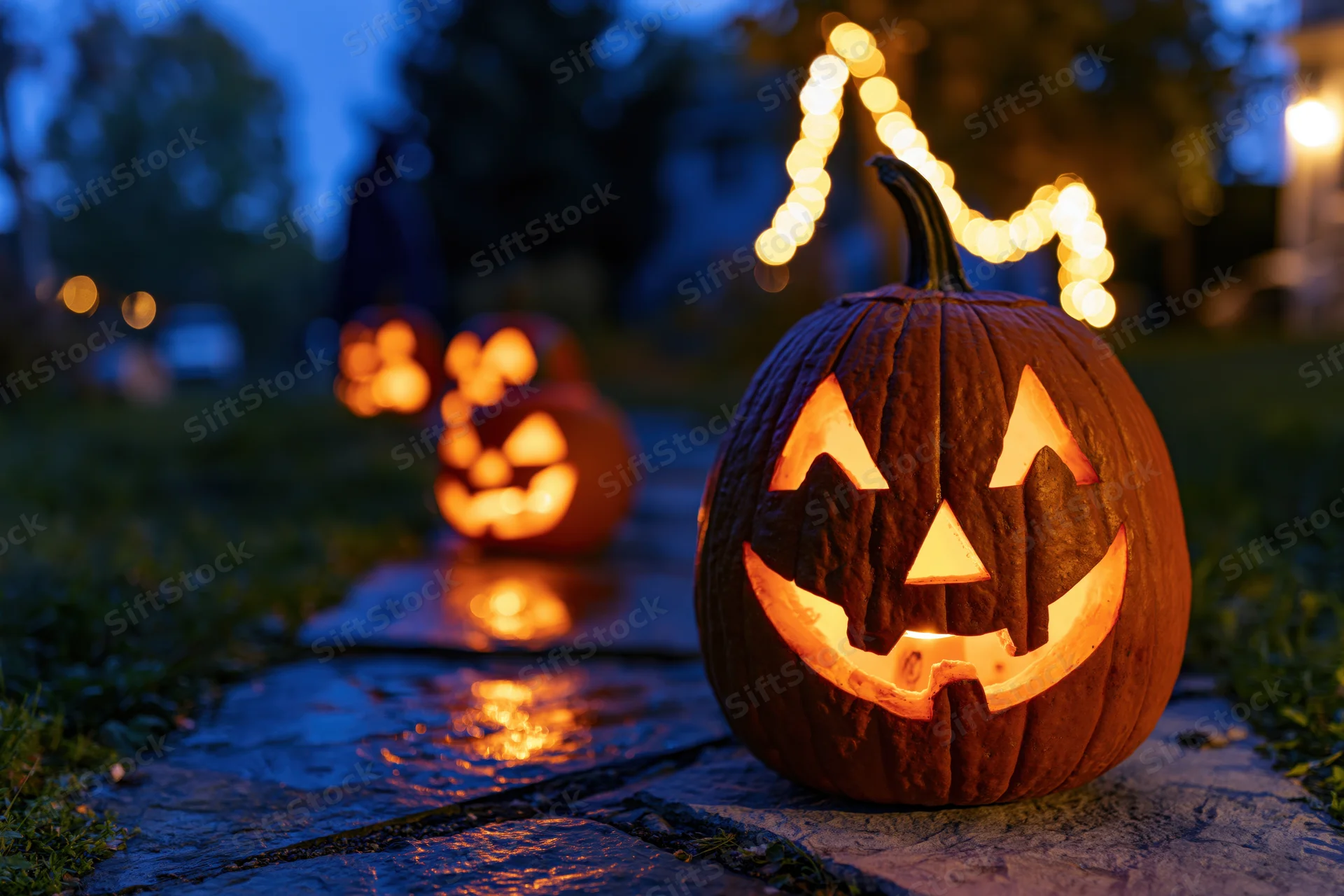 Carved jack-o-lanterns glowing on a wet stone path at evening