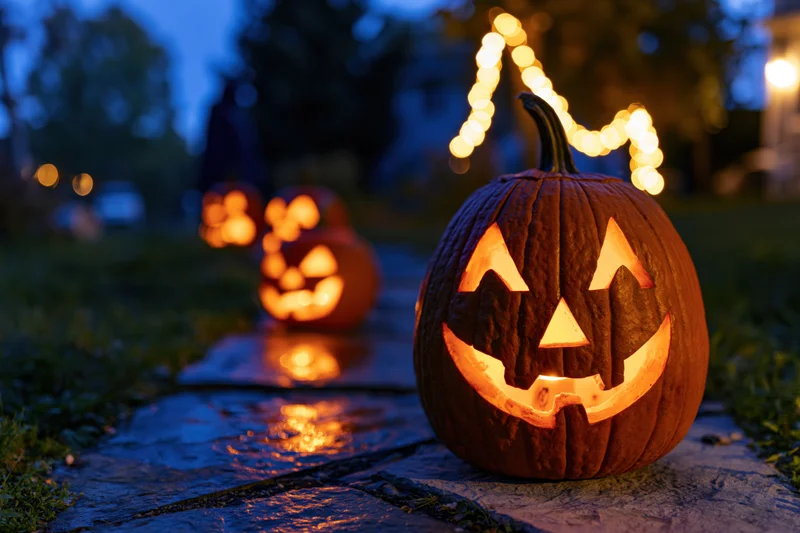 Carved jack-o-lanterns glowing on a wet stone path at evening