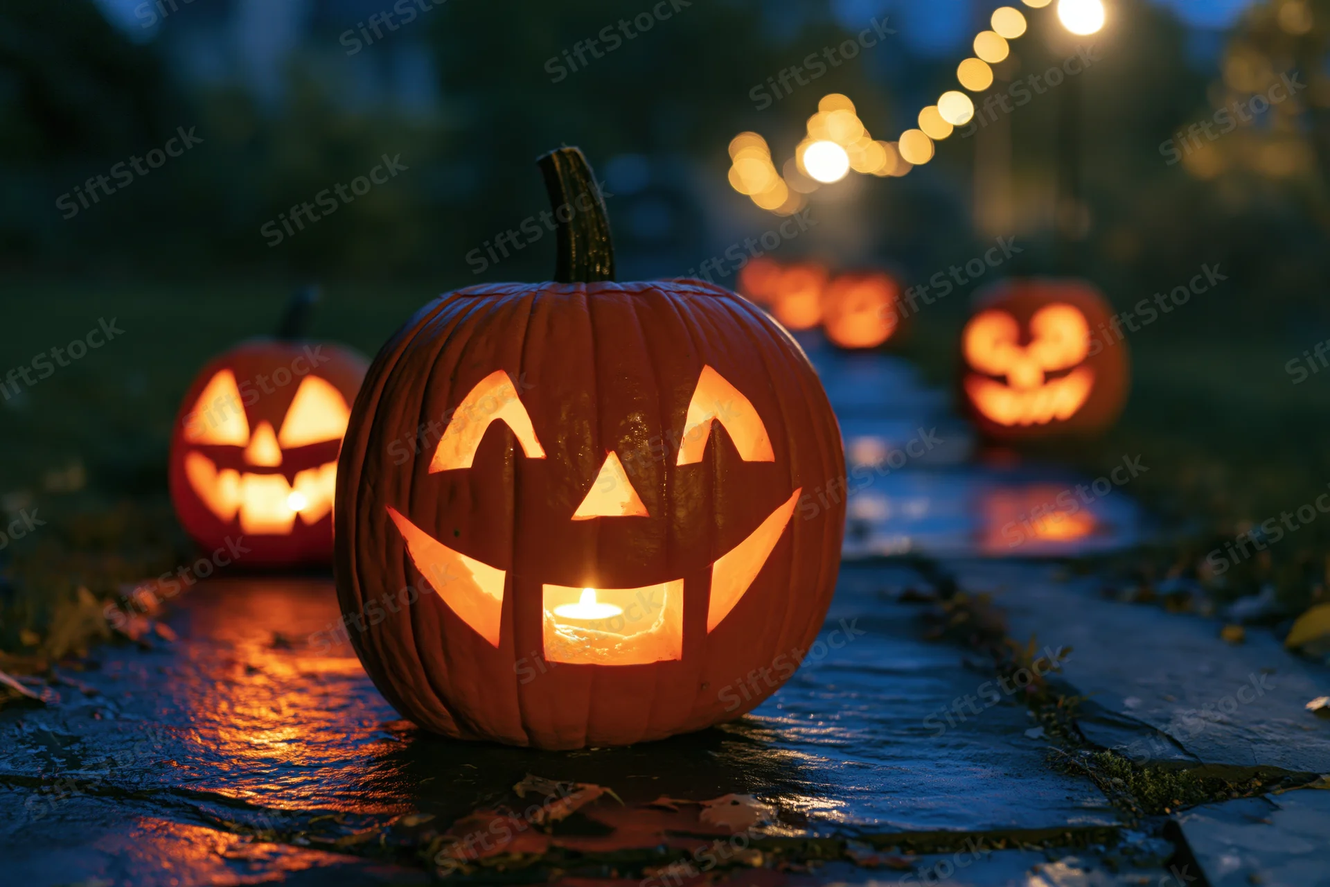 Carved jack-o-lanterns glowing on a wet stone path at night