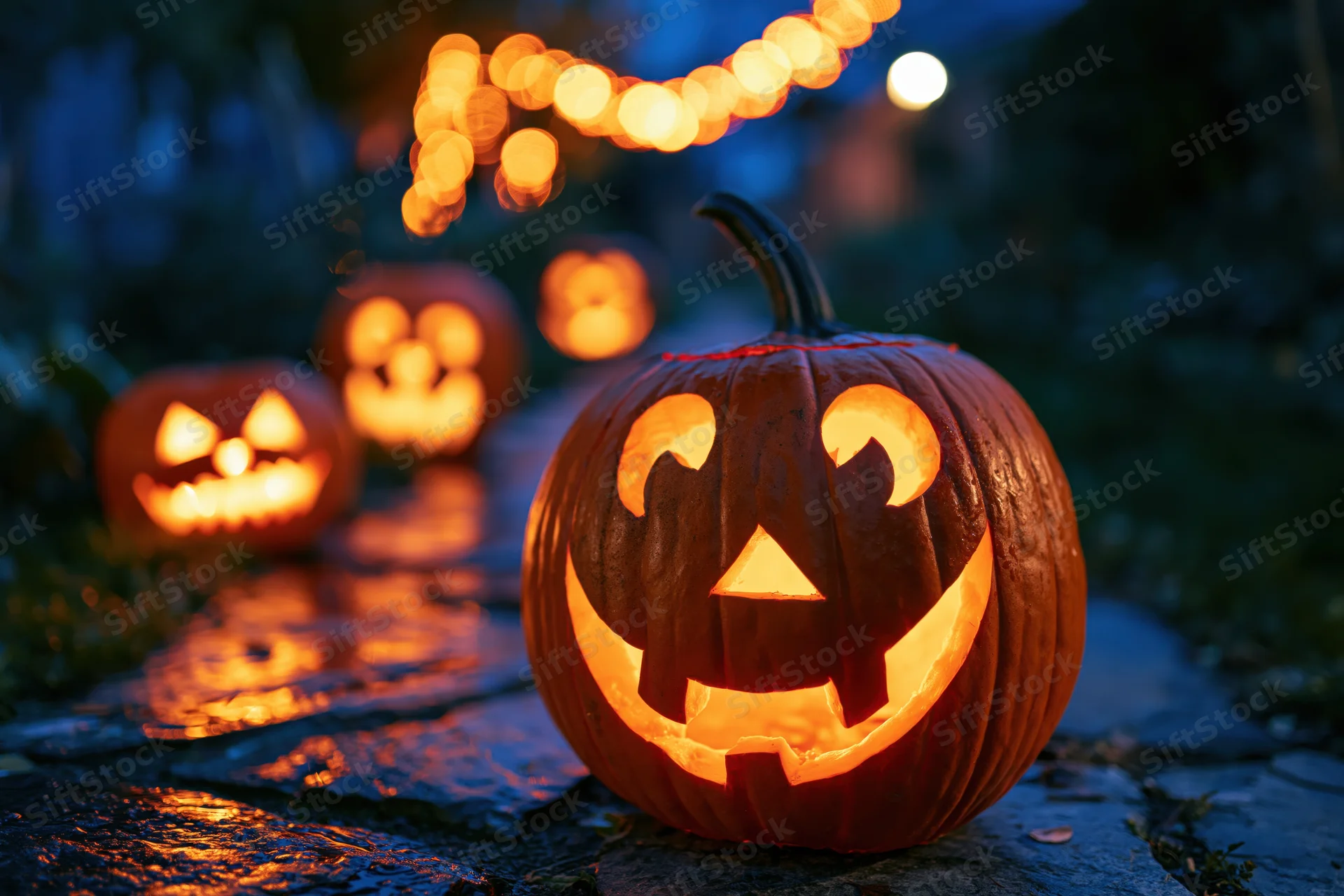 Carved jack-o-lanterns glowing on a wet stone path at night