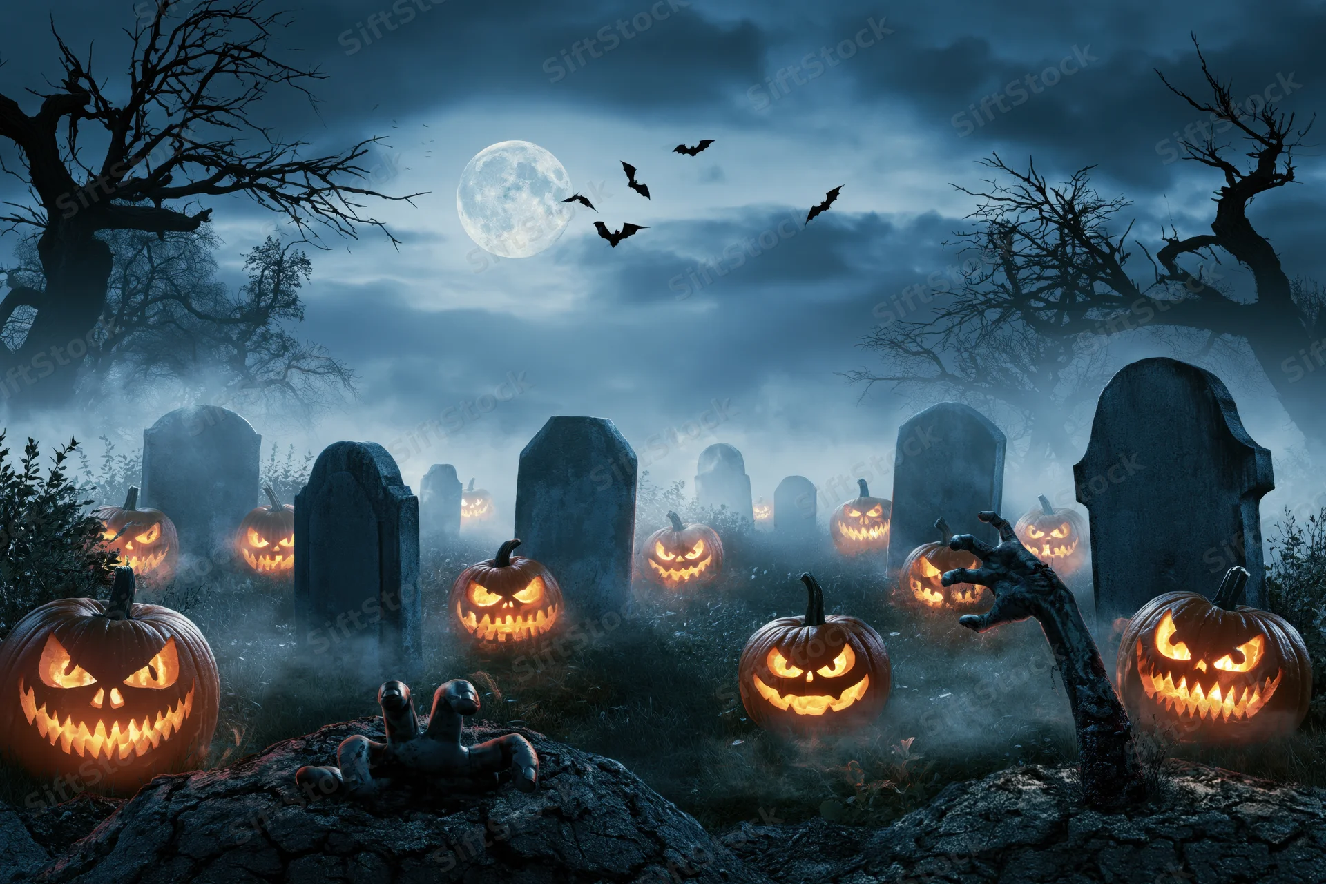 Carved jack-o-lanterns with glowing evil faces scattered across a foggy graveyard under a full moon