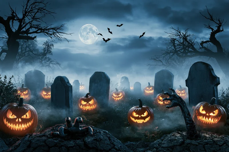 Carved jack-o-lanterns with glowing evil faces scattered across a foggy graveyard under a full moon