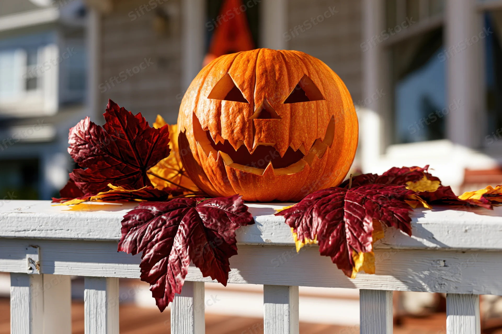 Carved jack-o-lantern with autumn leaves on a white wooden porch railing