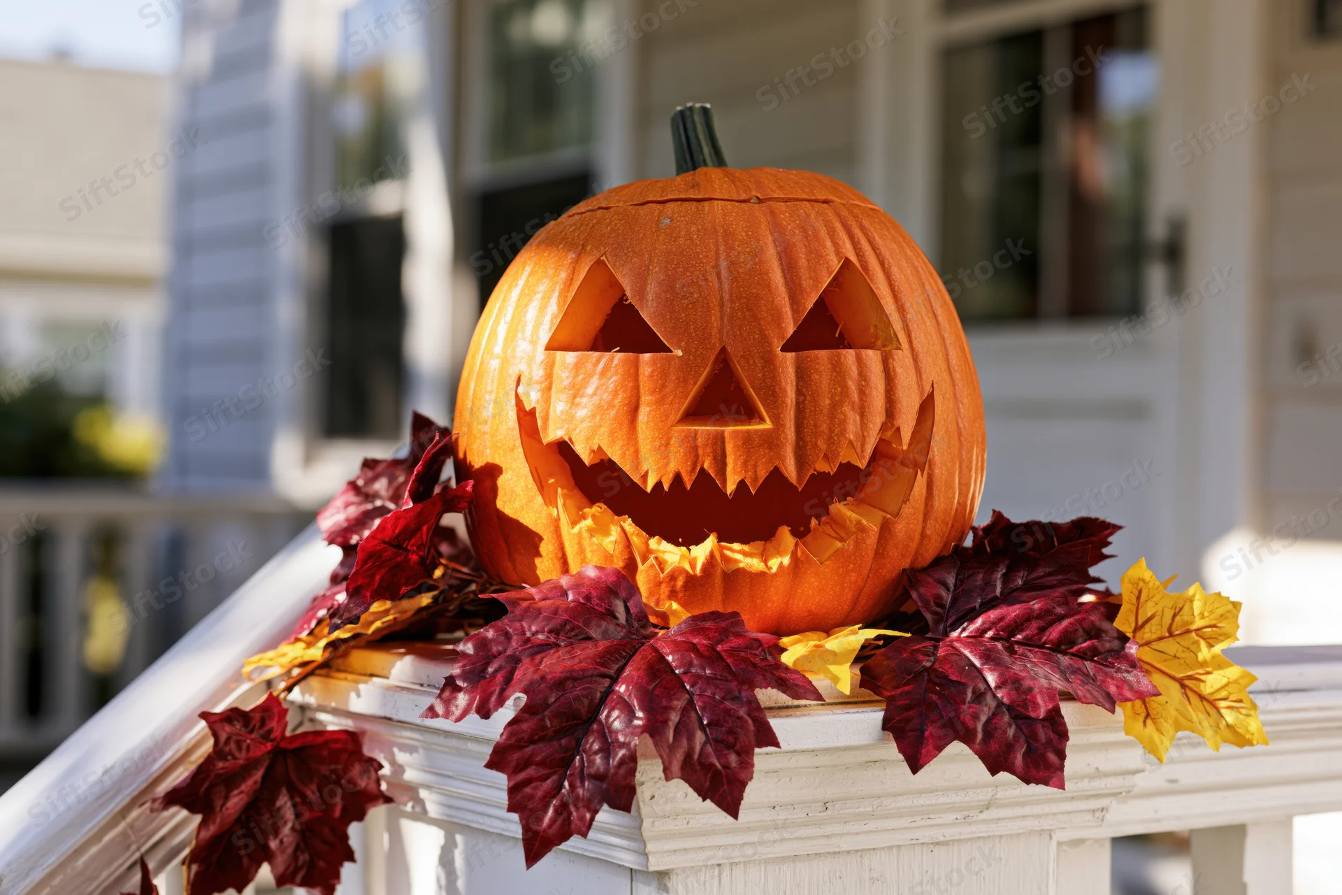 Carved jack-o-lantern with autumn leaves on a white porch railing