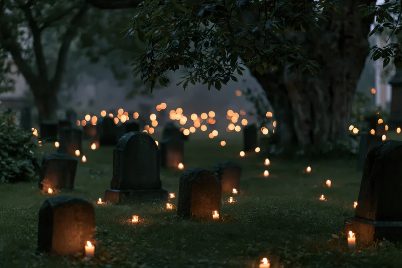Cemetery at dusk with lit candles among tombstones and trees