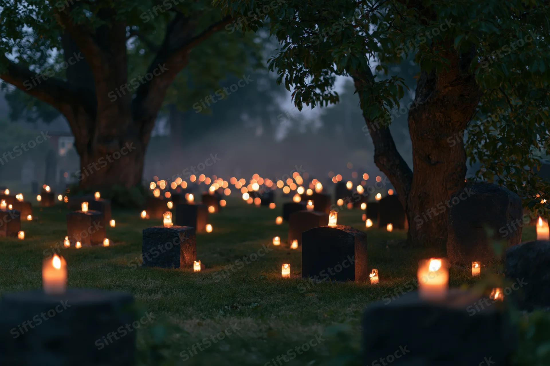Lit candles among tombstones in a foggy cemetery at dusk