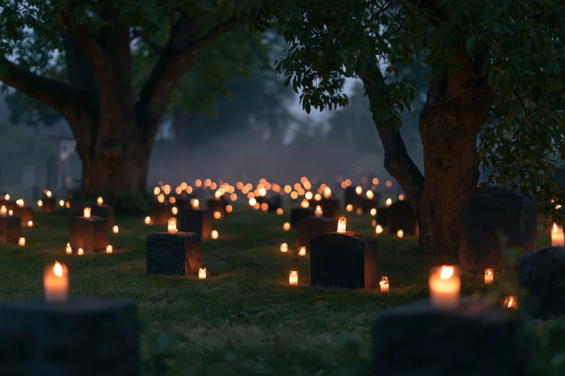 Lit candles among tombstones in a foggy cemetery at dusk