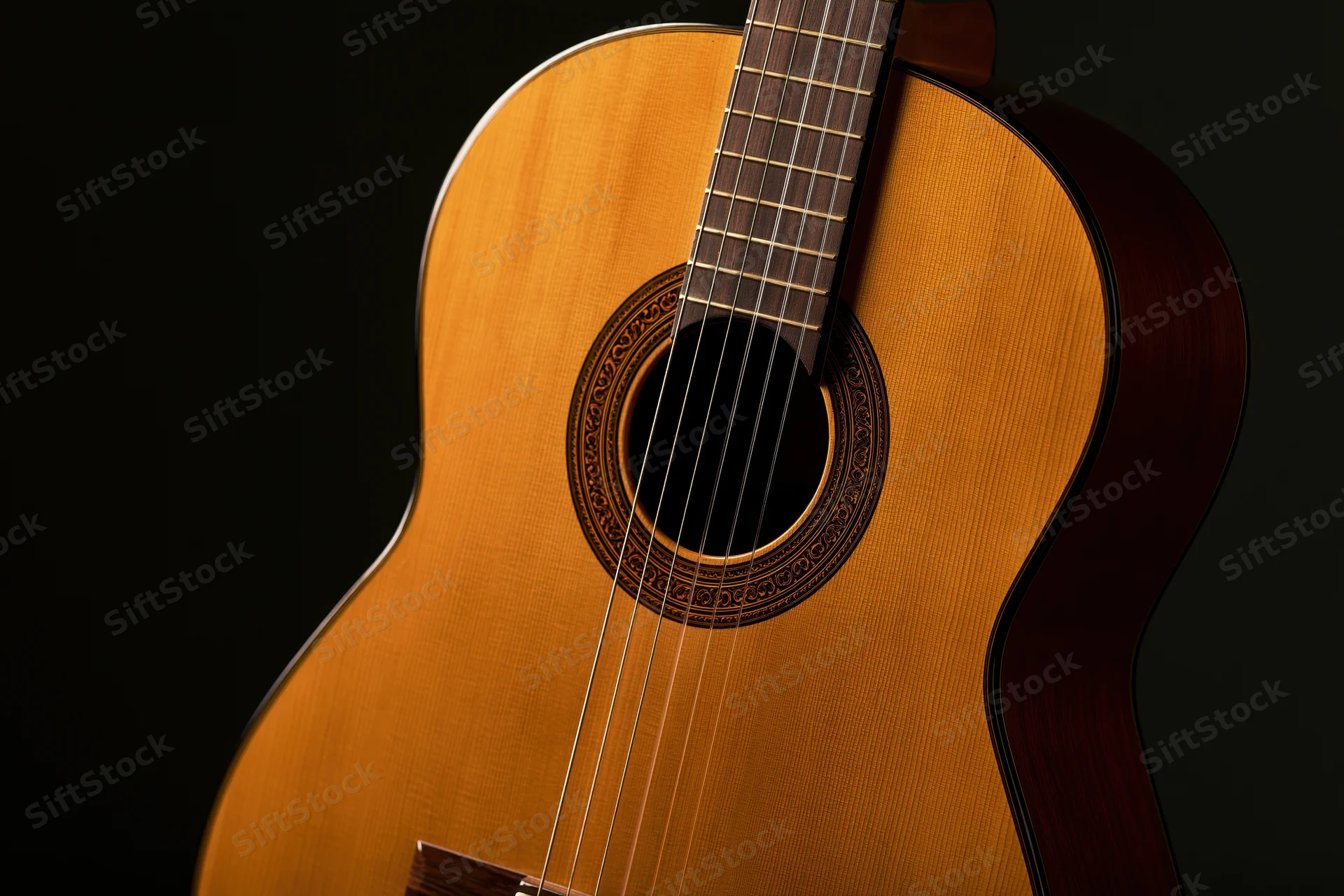 Classical acoustic guitar in close-up against dark background