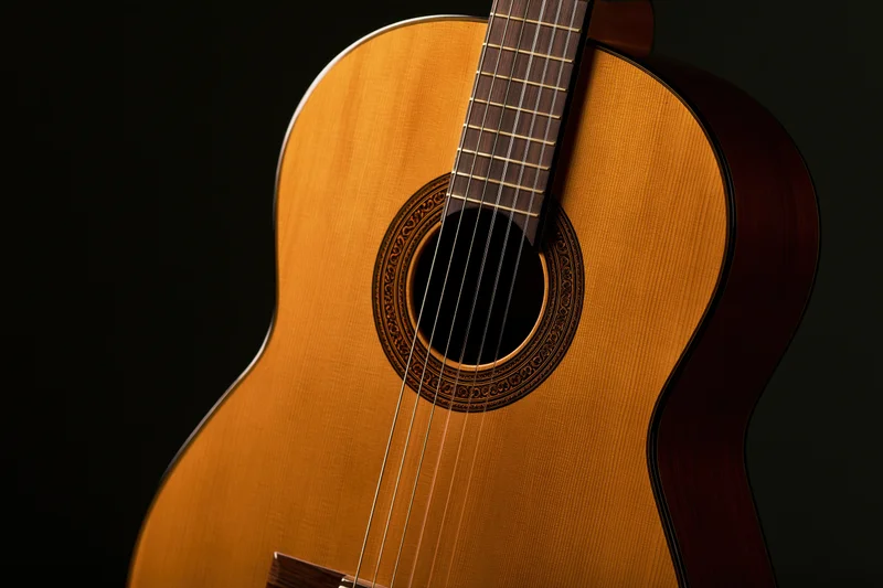 Classical acoustic guitar in close-up against dark background