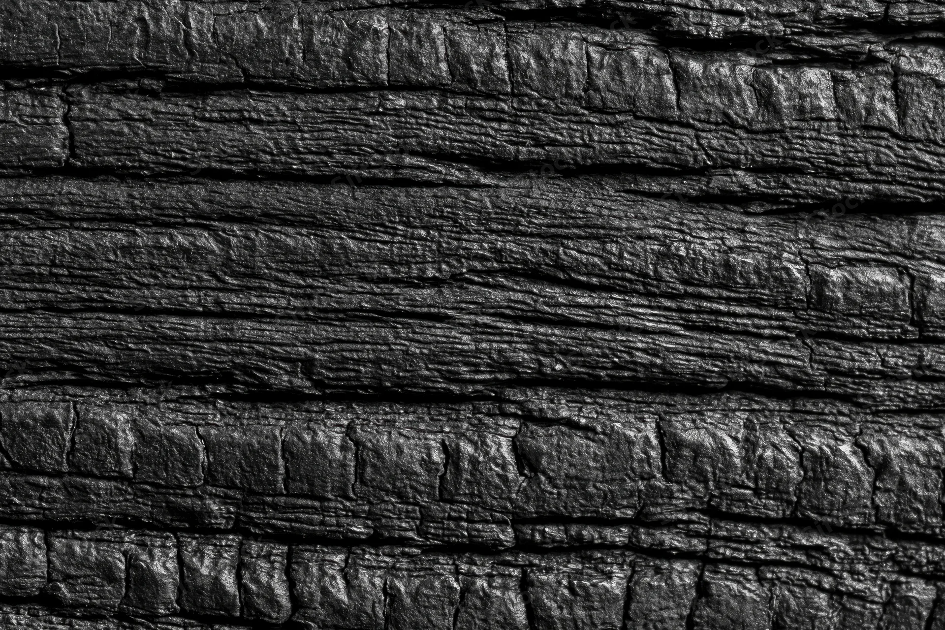 Close-up of charred wood surface showing dark textured grain and cracks