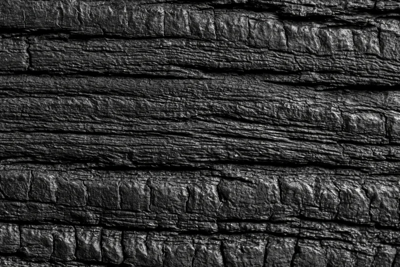 Close-up of charred wood surface showing dark textured grain and cracks