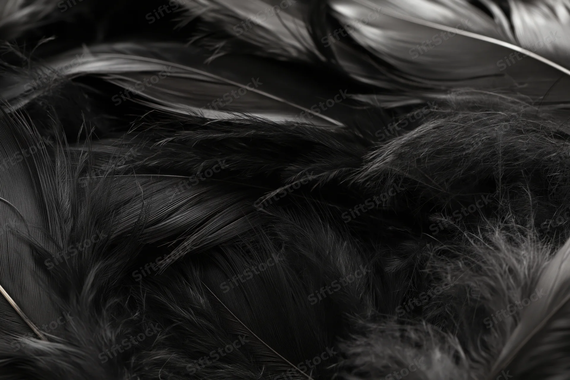 Closeup of overlapping dark feathers layered in soft texture