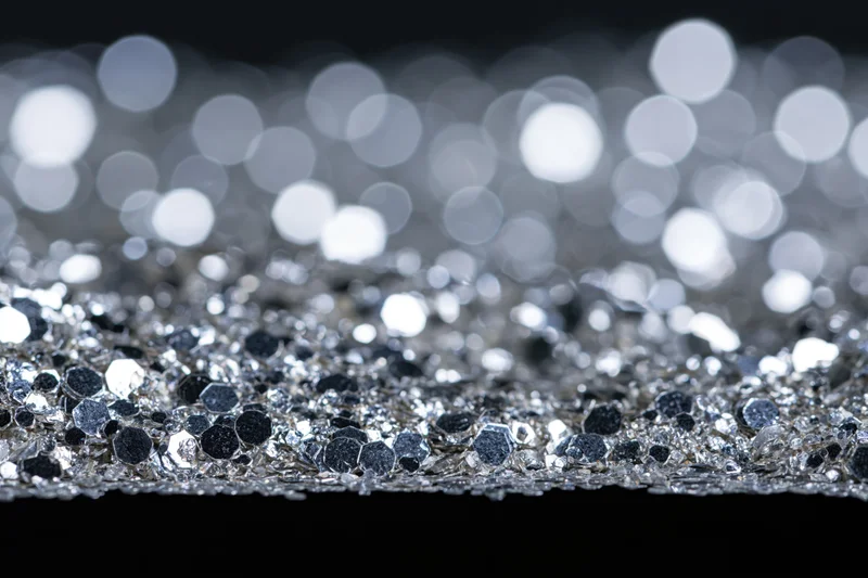 Scattered silver glitter on a flat surface with bokeh lights in the background