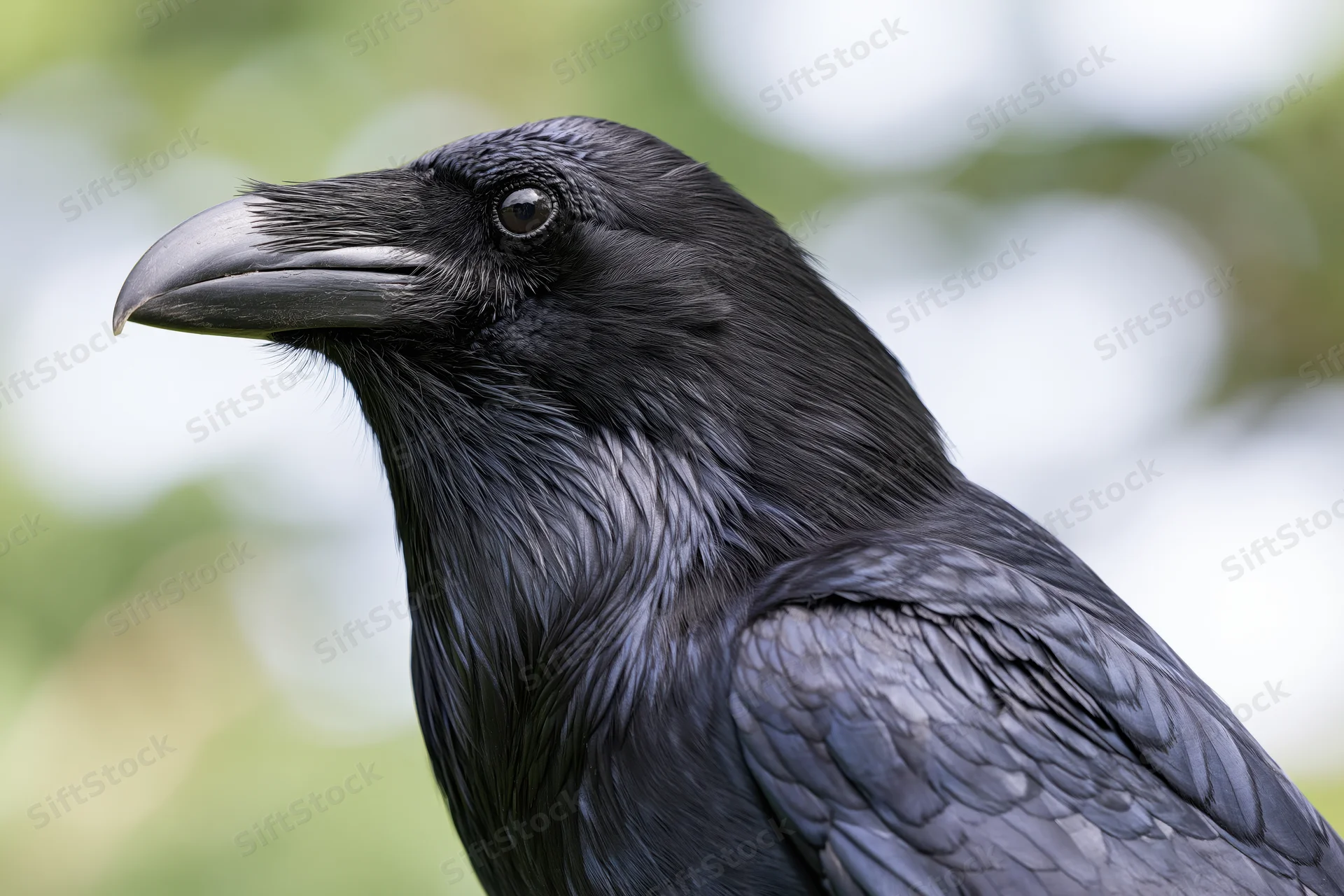 Close-up profile of a raven facing left with glossy black feathers and sharp beak outdoors