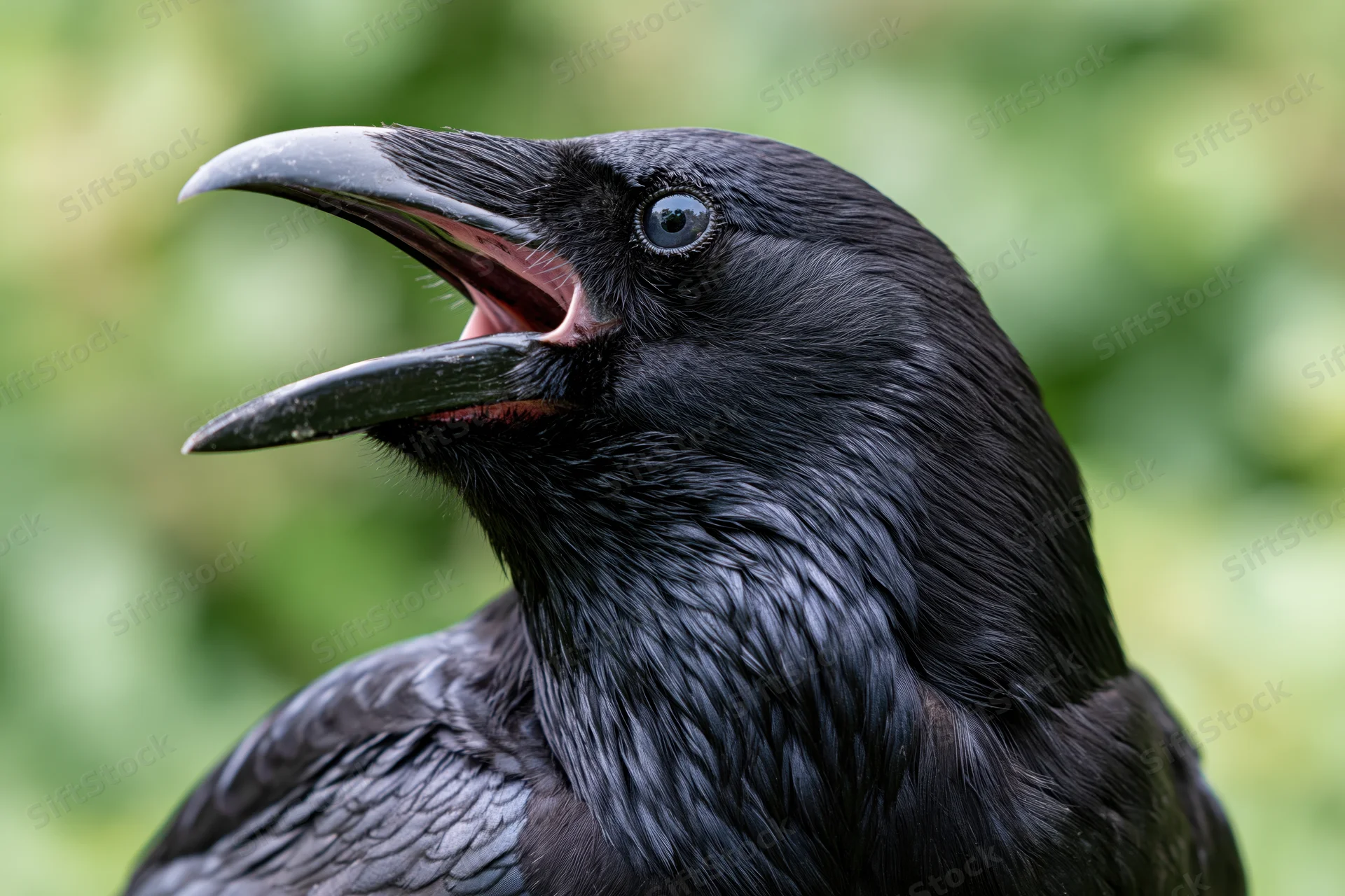 Close-up of a black crow with open beak in a green outdoor setting