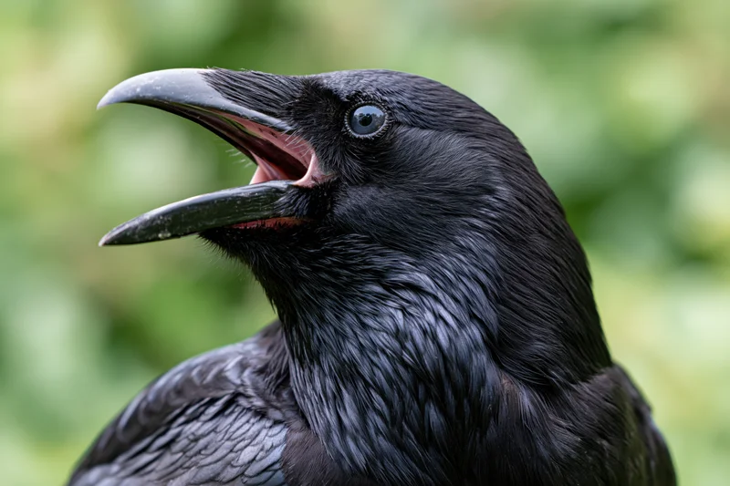 Close-up of a black crow with open beak in a green outdoor setting