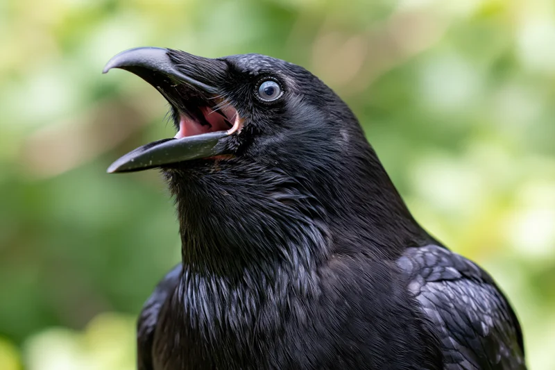 Close-up of a black crow with open beak in a green forest setting