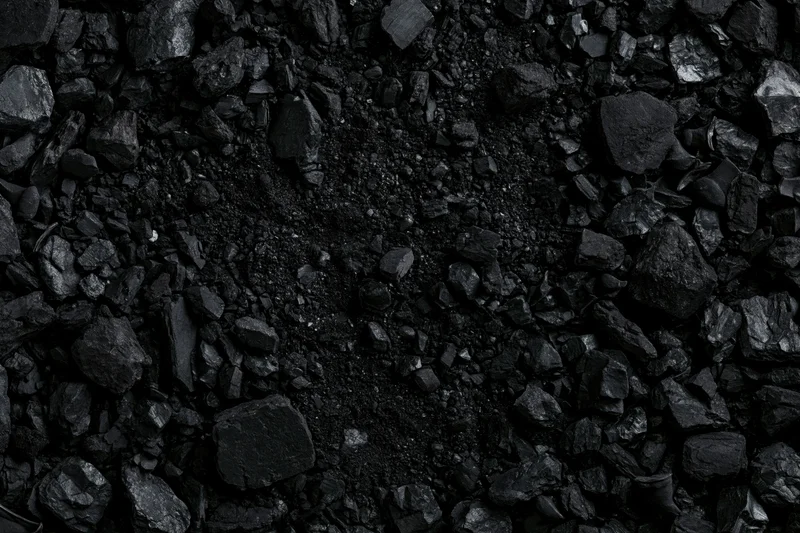 Overhead view of broken coal chunks and fragments scattered across a dark surface