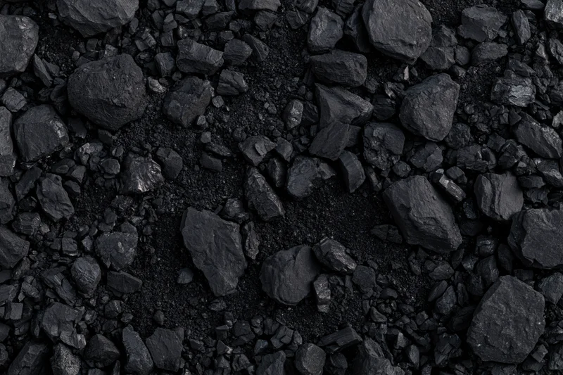 Overhead view of broken coal chunks and fragments scattered across a dark surface