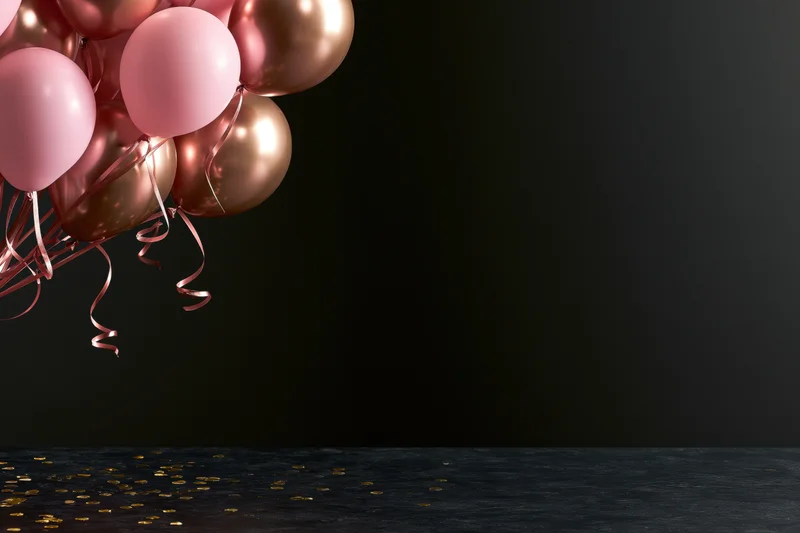 Cluster of pink and metallic gold helium balloons floating above dark floor with scattered confetti and copyspace