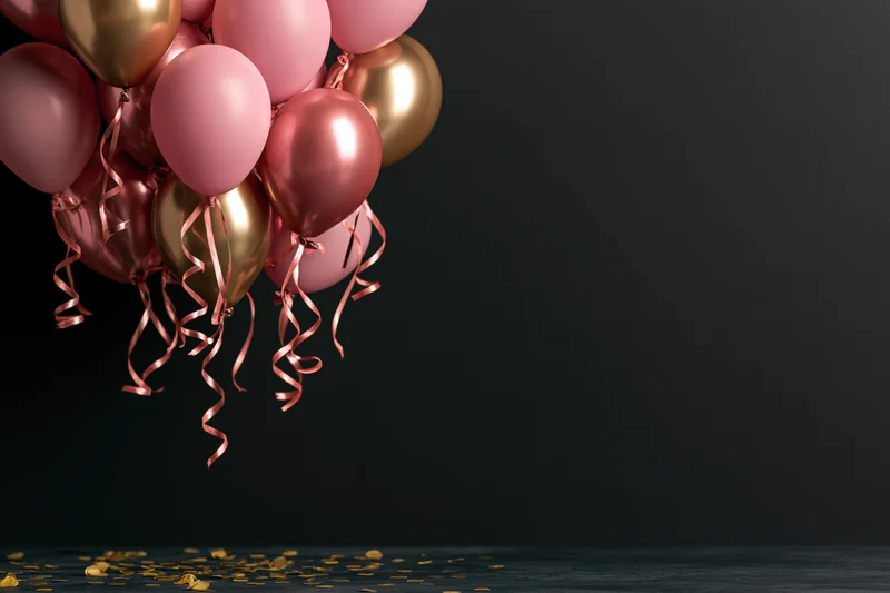 Cluster of pink and gold metallic balloons with curling ribbons floating above scattered confetti on dark floor