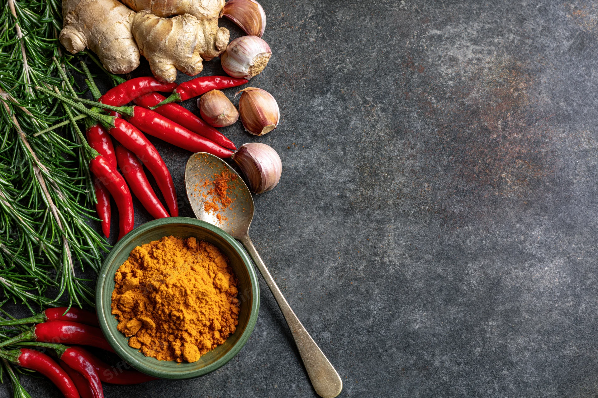 Turmeric powder in a bowl with fresh chili, garlic, ginger, and rosemary arranged along the left edge of a dark textured surface
