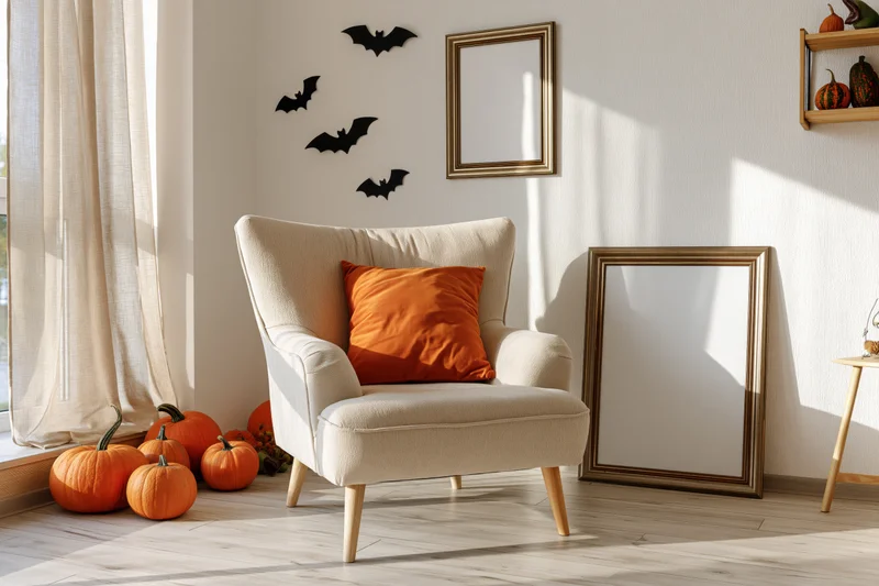 Cozy living room corner decorated for halloween with pumpkins, bats, and a beige armchair near a window
