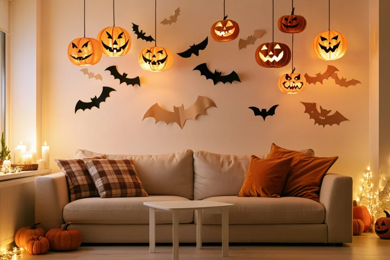Cozy living room decorated for halloween with glowing carved pumpkins and bats hanging above a sofa