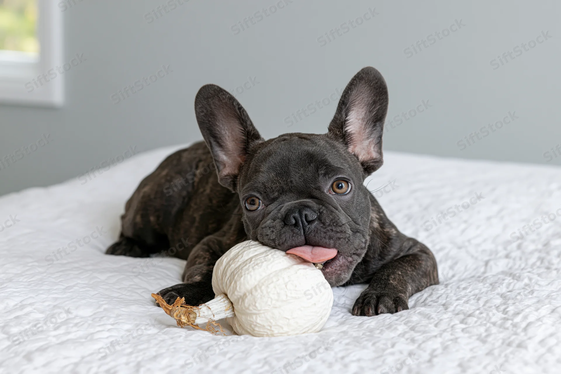 Dark grey french bulldog puppy lying on white textured bed with garlic bulb in mouth