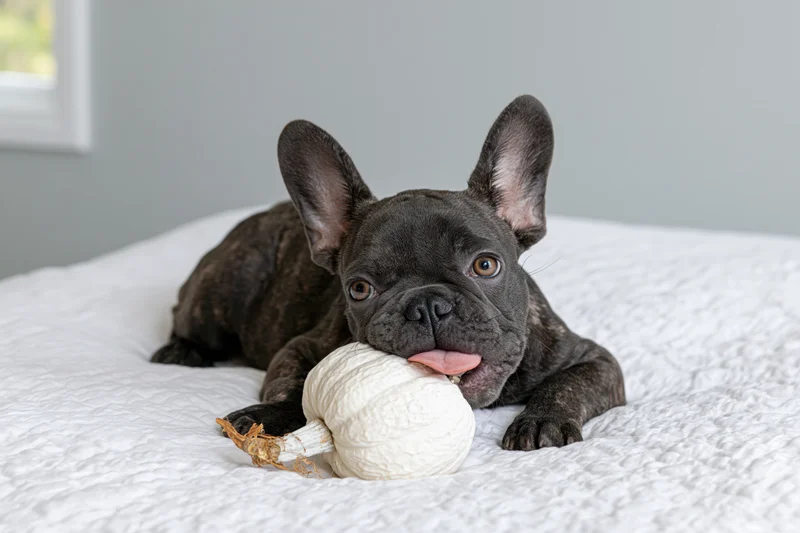 Dark grey french bulldog puppy lying on white textured bed with garlic bulb in mouth