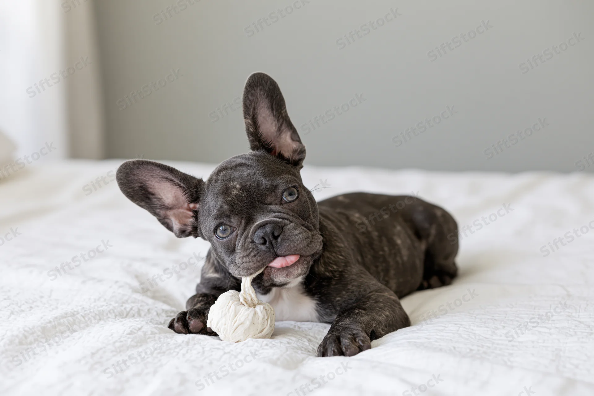 Dark grey french bulldog puppy lying on white textured bed chewing a toy
