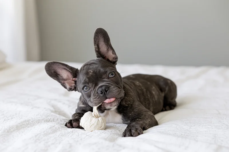 Dark grey french bulldog puppy lying on white textured bed chewing a toy
