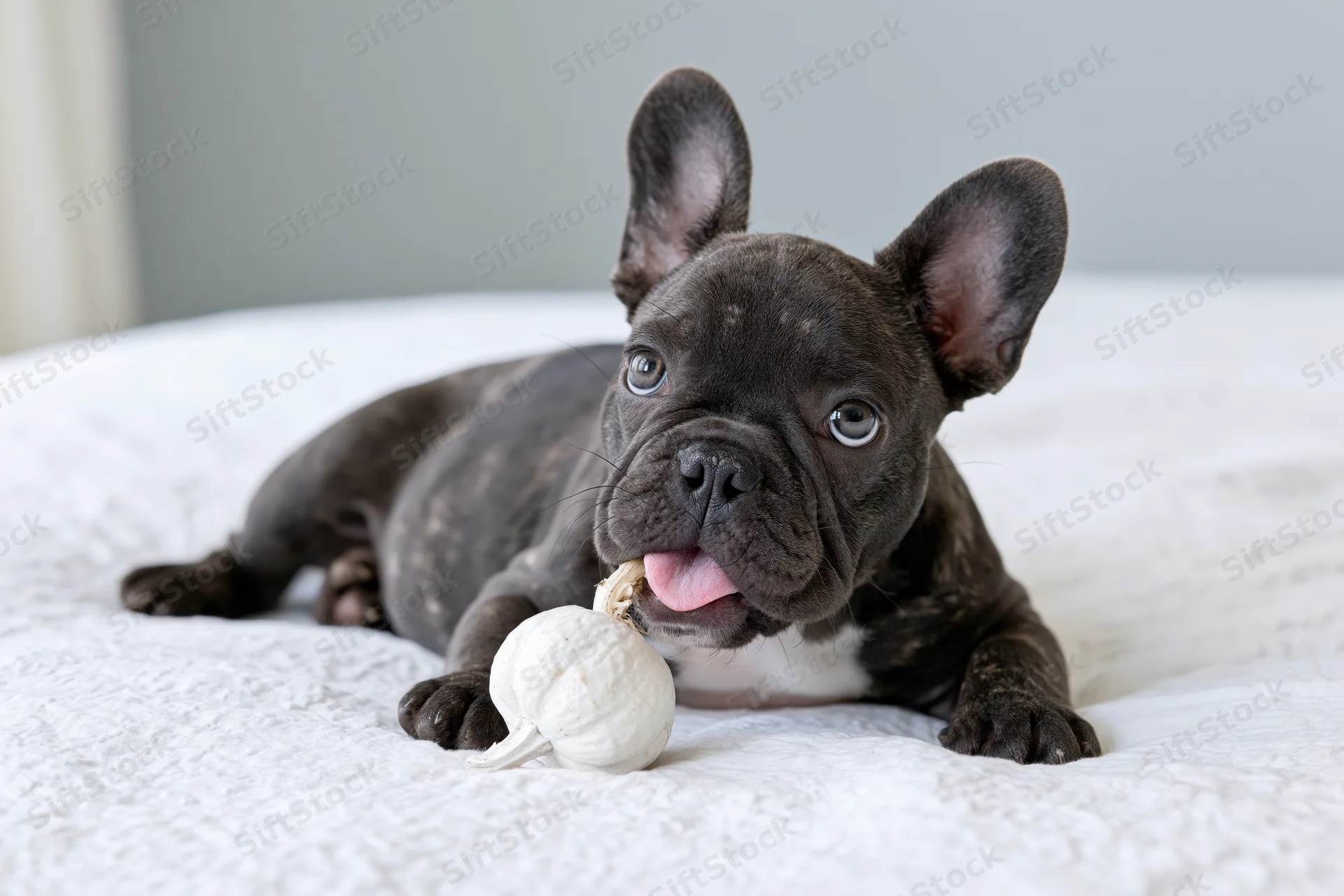 Dark grey french bulldog puppy lying on white textured bed with garlic bulb toy in mouth