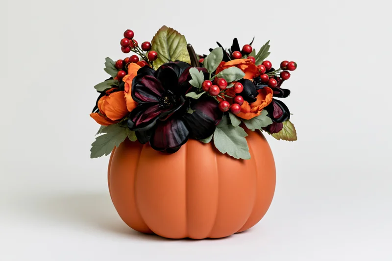 Ceramic pumpkin centerpiece topped with artificial black and orange flowers and red berries on white background