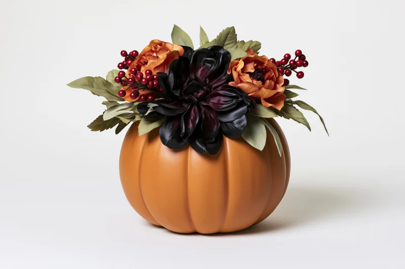 Ceramic pumpkin centerpiece topped with artificial flowers and berries on white background