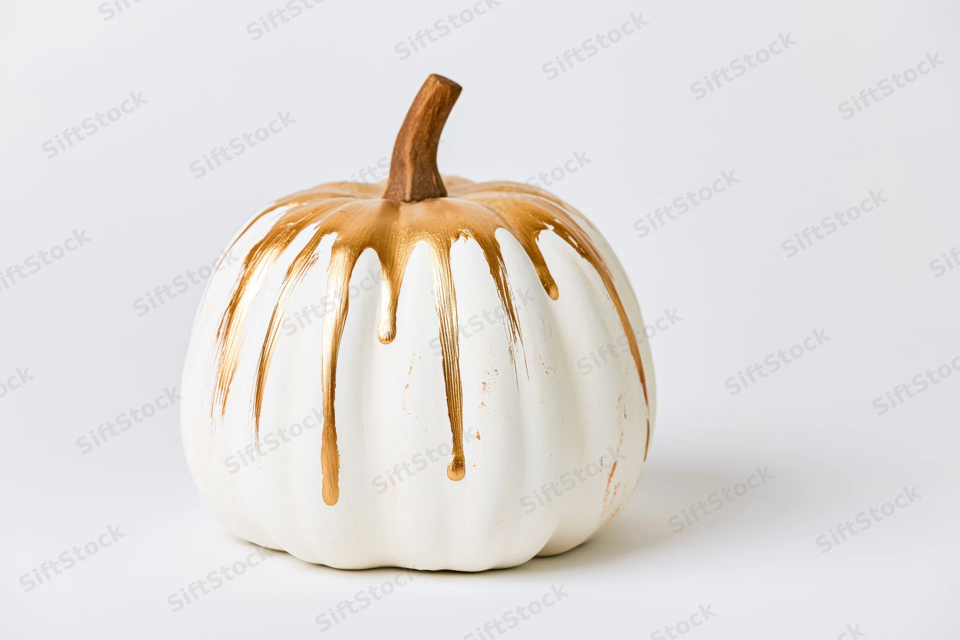 White ceramic pumpkin with gold paint drips on a plain white background